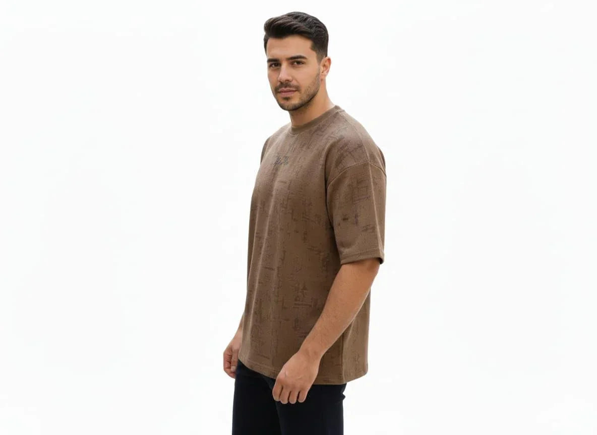 Yan Han Men's Premium Oversized T-Shirt | 3D Embroidery Branding | Five-Sleeve Drop Shoulder Fit | Earthy Brown Textured Pattern (S M L XL) (in, Alpha, L, Regular)