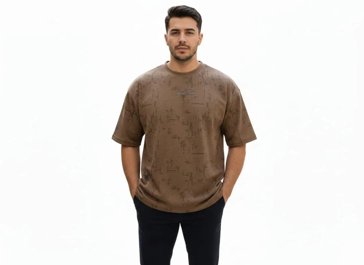 Yan Han Men's Premium Oversized T-Shirt | 3D Embroidery Branding | Five-Sleeve Drop Shoulder Fit | Earthy Brown Textured Pattern (S M L XL) (in, Alpha, L, Regular)