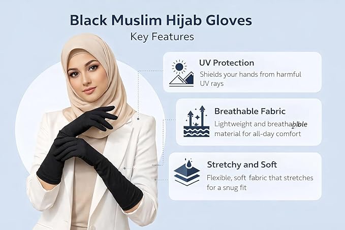 Muslim Wear Hijab Gloves for Women & Girls | Soft Stretchable Fabric | Black Islamic Hand Gloves ( Black, 1 Pair)