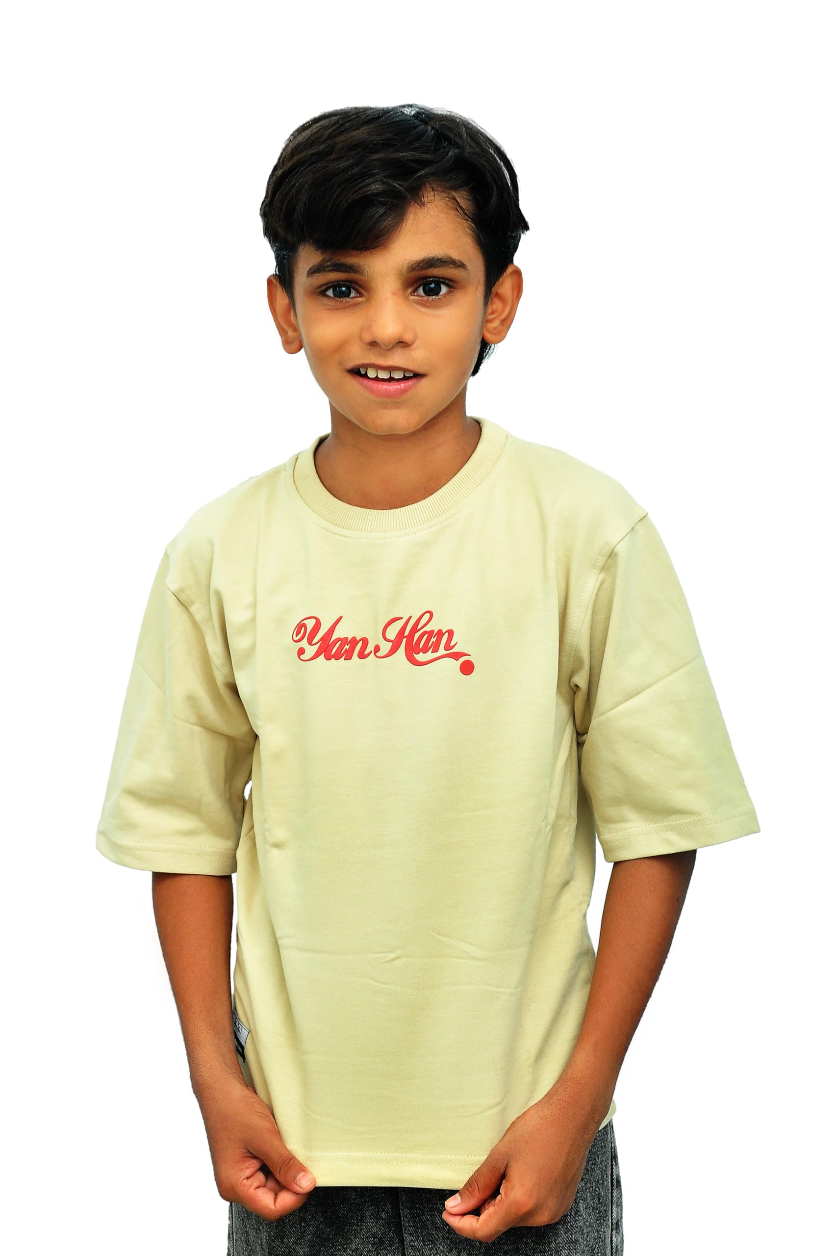 Yan Han® Kids Oversized T-Shirt | Soft Loop Knit Cotton Blend | Drop Shoulder Half Sleeves | Back Print | Unisex Korean Street Style for Boys & Girls (2-15 Years)