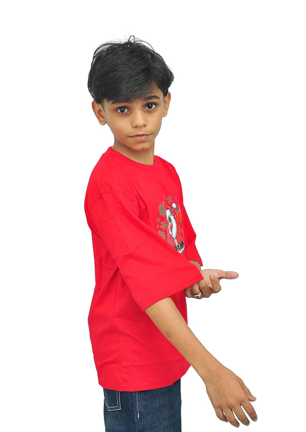 Merry Christmas Festival Wear: Bright Red Dabbing Santa T-Shirt | Soft Cotton Comfortable Xmas Special | Unisex Kids Drop Shoulder Five Sleeve T Shirt (30-36)