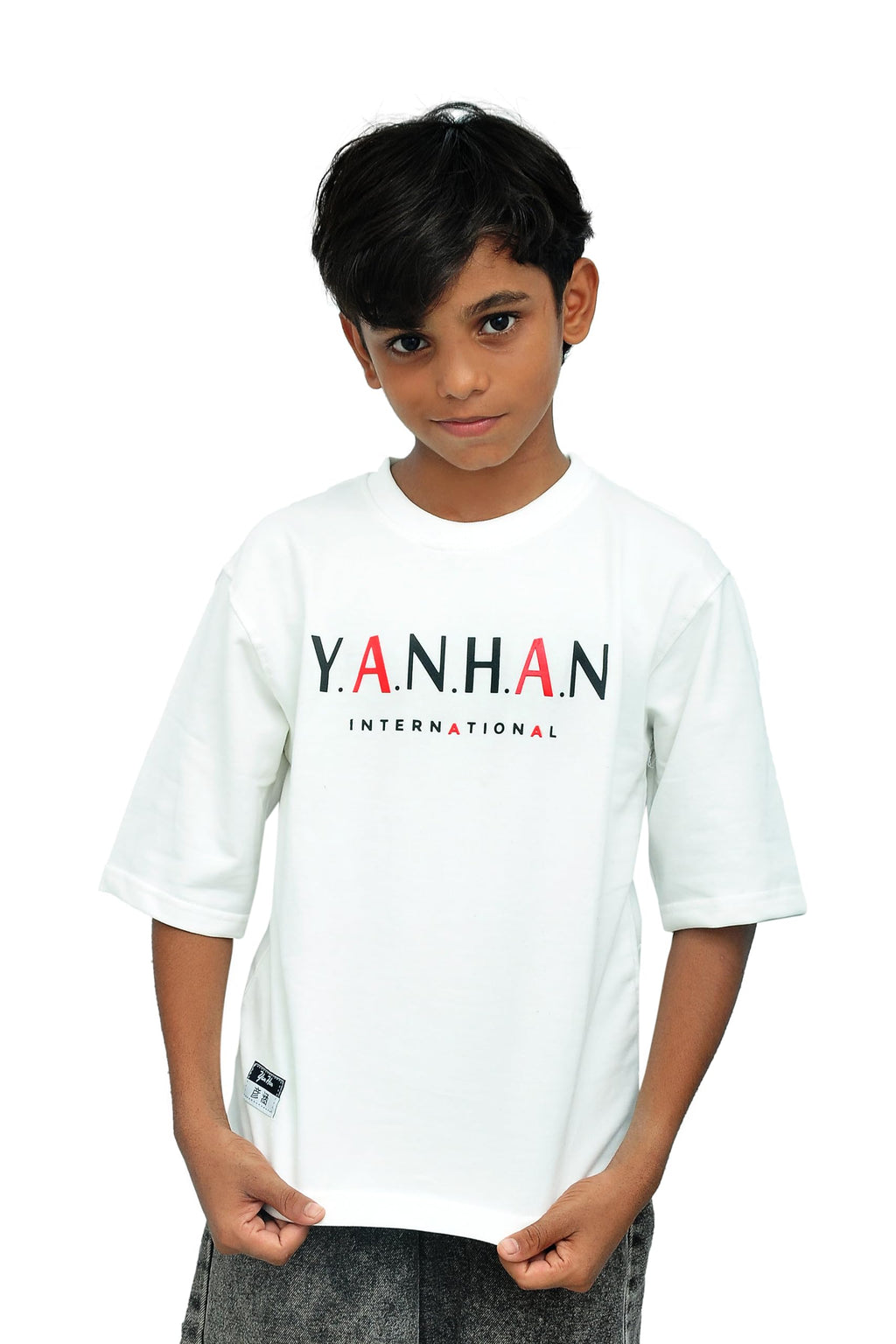 Yan Han® Kids Oversized T-Shirt – Soft Loop - Knit Cotton Look – Unisex Drop Shoulder Tee with Dragon Print