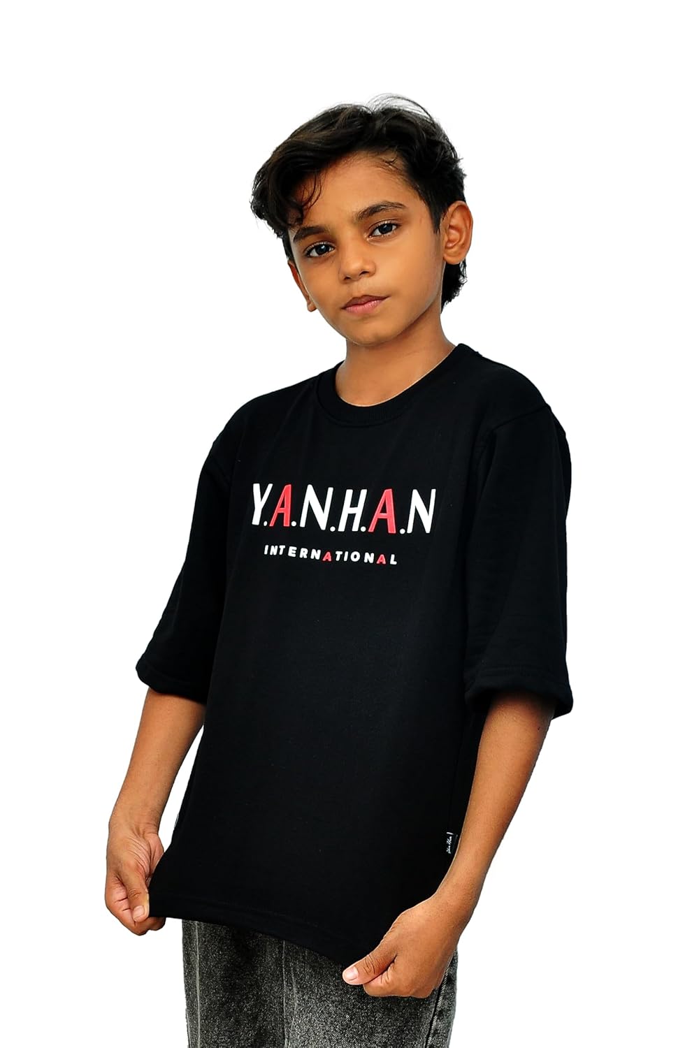 Yan Han® Kids Oversized T-Shirt – Soft Loop - Knit Cotton Look – Unisex Drop Shoulder Tee with Dragon Print