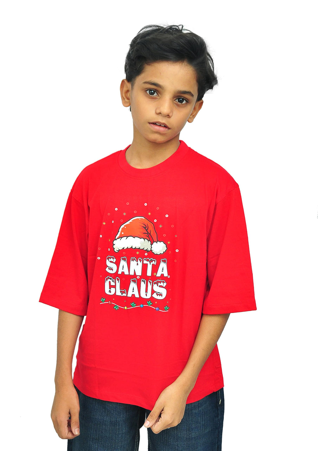 Merry Christmas Festival Wear: Kids Bright Red Santa Claus T-Shirt | Classic Hat & Lights Design | Soft Cotton Unisex Holiday T Shirt (Sizes 30-36)