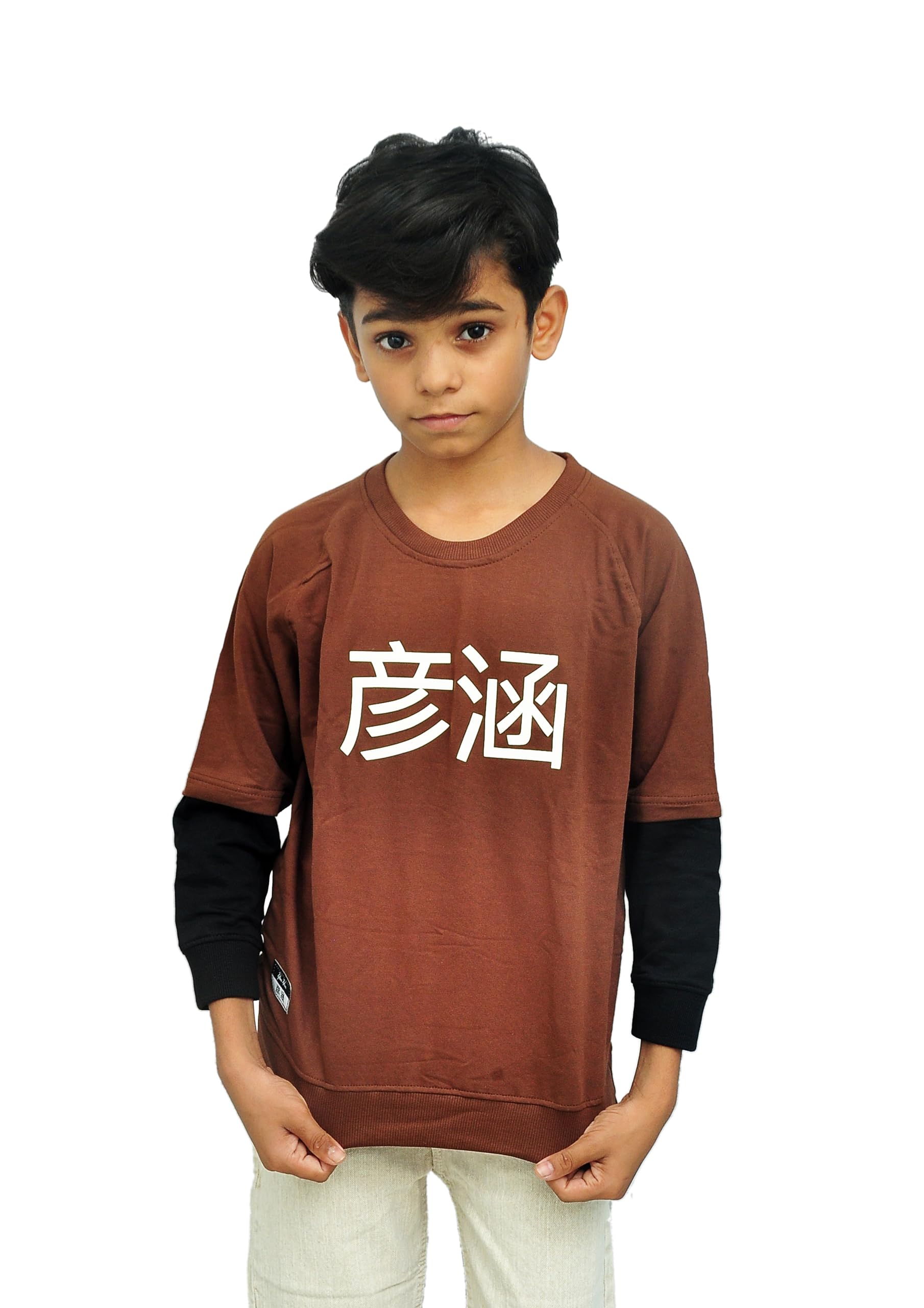 Yan Han Kids Unisex Oversized Loopknit Cotton Full Sleeve T-Shirt | Trendy Raglan Doctor Sleeve Design | Comfort Fit with Ribbed Cuffs | Brown