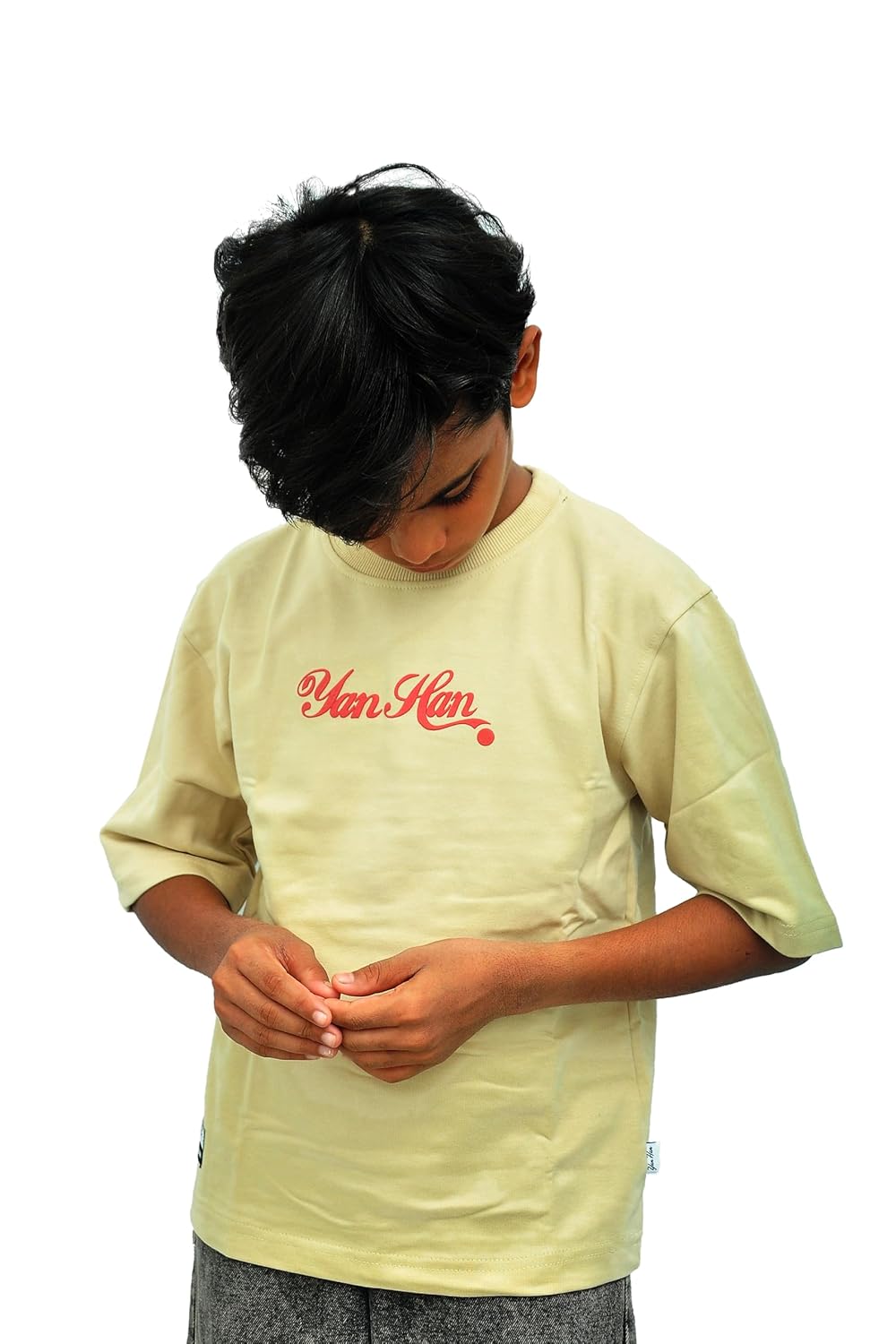 Yan Han® Kids Oversized T-Shirt | Soft Loop Knit Cotton Blend | Drop Shoulder Half Sleeves | Back Print | Unisex Korean Street Style for Boys & Girls (2-15 Years)