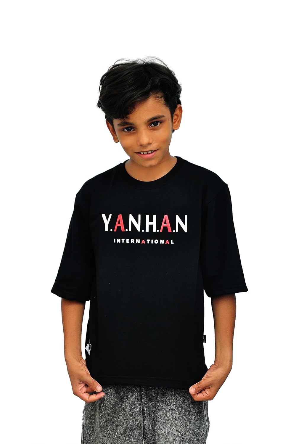 Yan Han® Kids Oversized T-Shirt – Soft Loop - Knit Cotton Look – Unisex Drop Shoulder Tee with Dragon Print