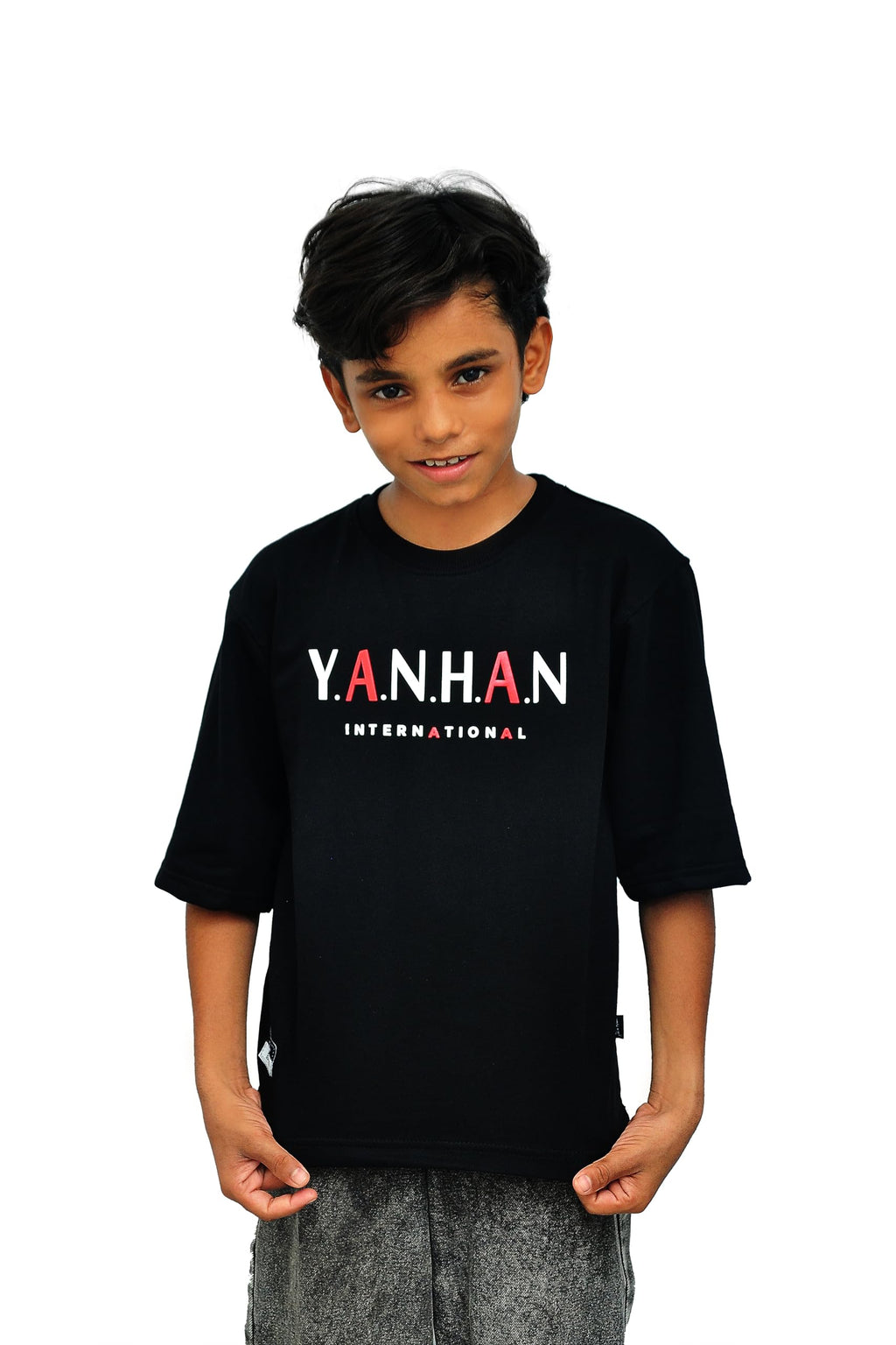 Yan Han® Kids Oversized T-Shirt – Soft Loop - Knit Cotton Look – Unisex Drop Shoulder Tee with Dragon Print