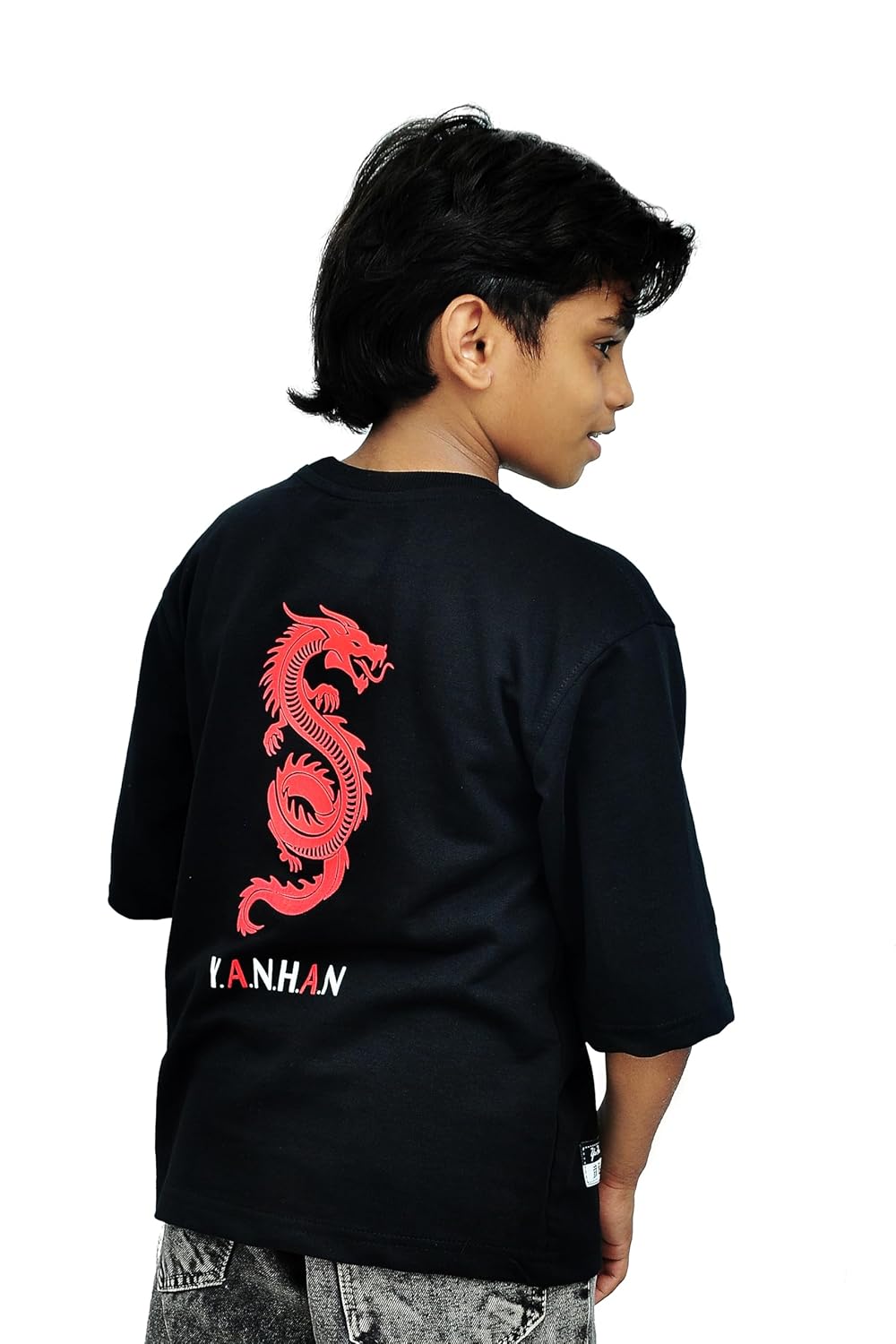 Yan Han® Kids Oversized T-Shirt – Soft Loop - Knit Cotton Look – Unisex Drop Shoulder Tee with Dragon Print
