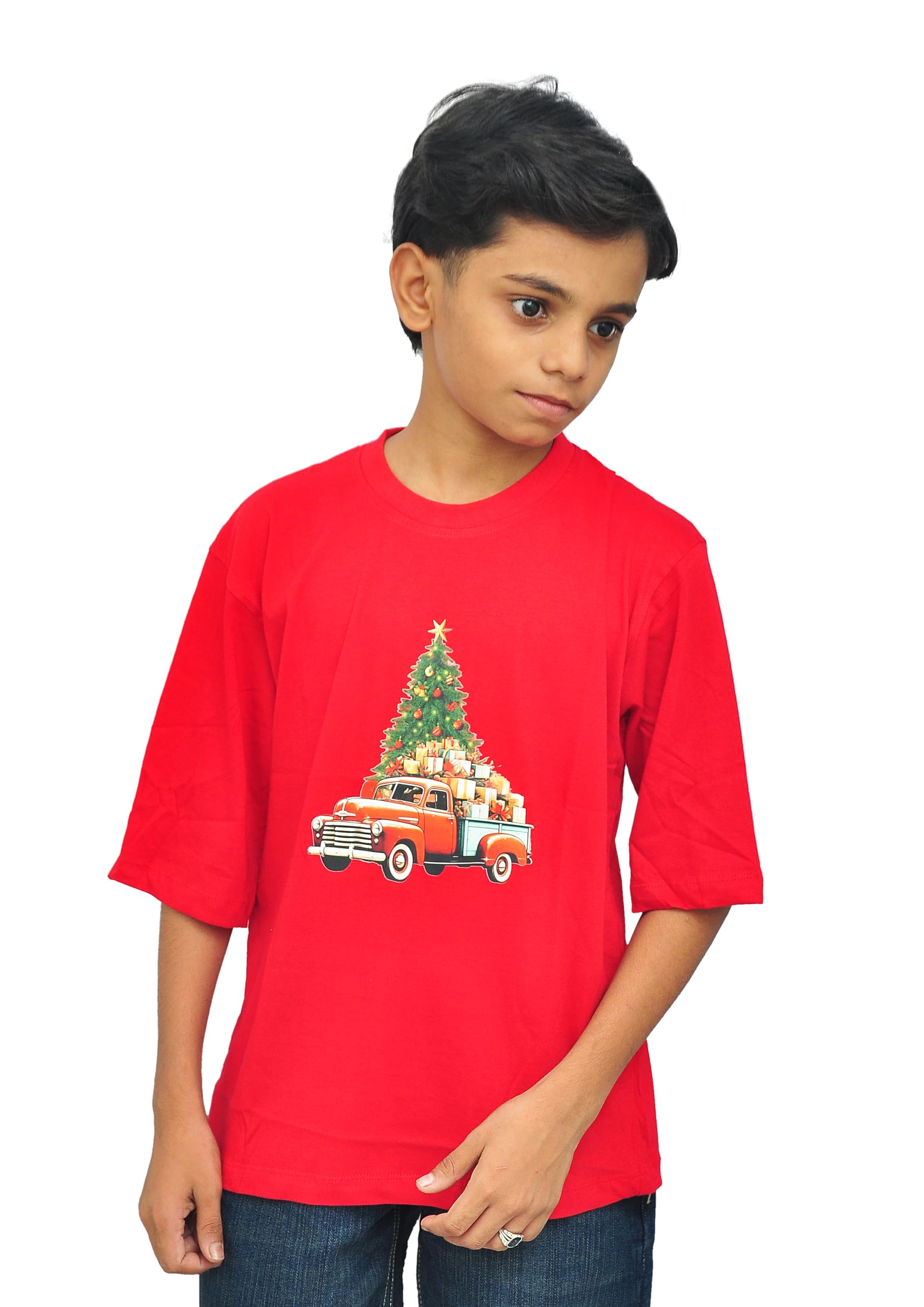 Merry Christmas Festival Wear: Kids Red T-Shirt with Classic Vintage Truck & Tree | Soft Cotton Holiday Top | Boys & Girls Unisex Xmas Gift (Sizes 30-36)