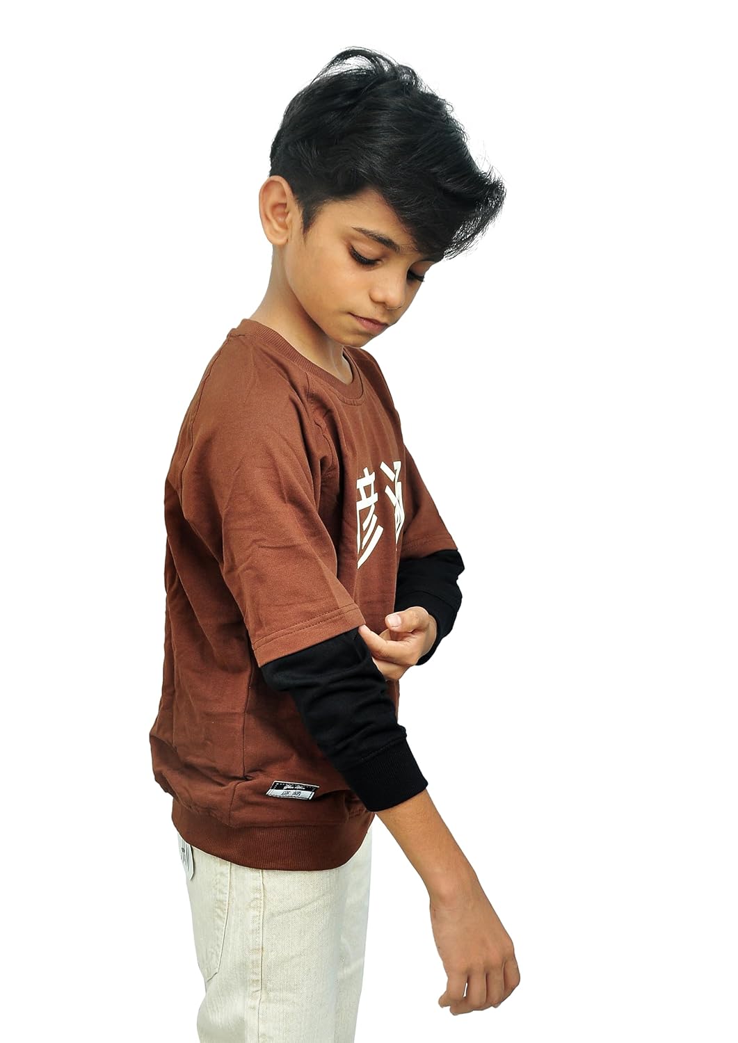 Yan Han Kids Unisex Oversized Loopknit Cotton Full Sleeve T-Shirt | Trendy Raglan Doctor Sleeve Design | Comfort Fit with Ribbed Cuffs | Brown