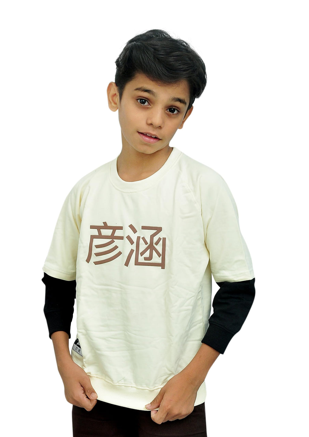 Yan Han Kids Unisex Oversized Loopknit Cotton Full Sleeve T-Shirt | Trendy Raglan Doctor Sleeve Design | Comfort Fit with Ribbed Cuffs | Cream