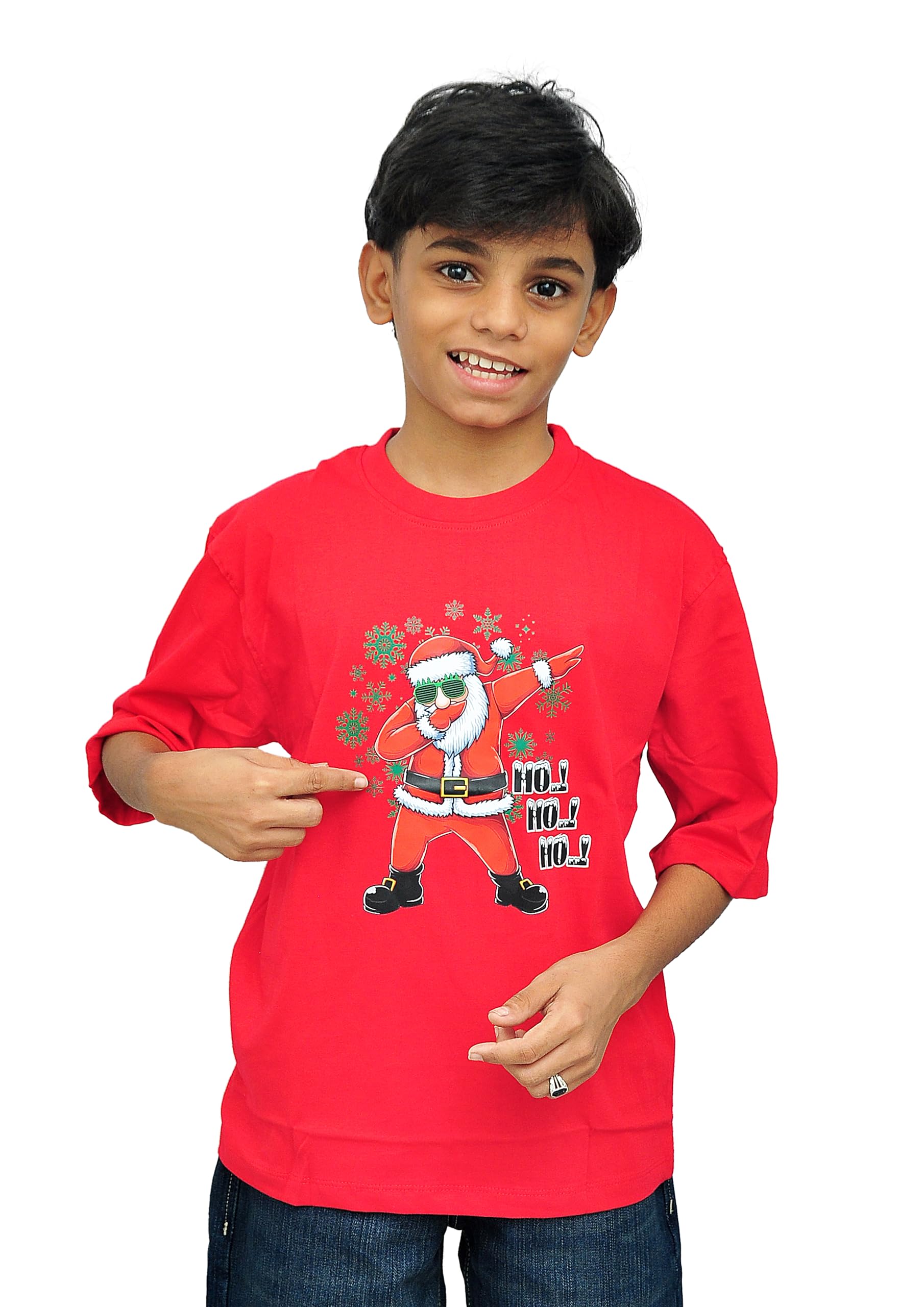 Merry Christmas Festival Wear: Bright Red Dabbing Santa T-Shirt | Soft Cotton Comfortable Xmas Special | Unisex Kids Drop Shoulder Five Sleeve T Shirt (30-36)