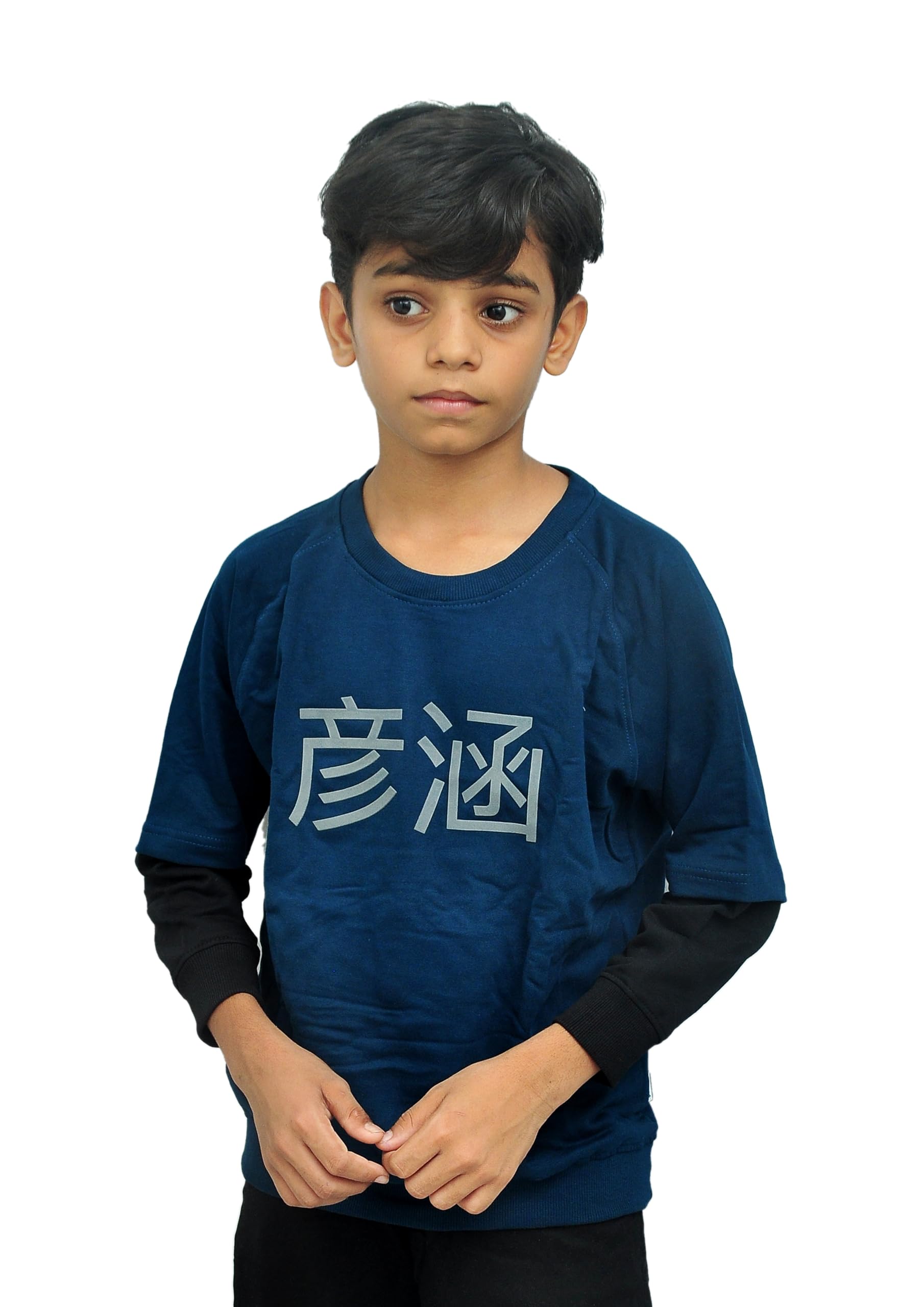 Yan Han Kids Unisex Oversized Loopknit Cotton Full Sleeve T-Shirt | Trendy Raglan Doctor Sleeve Design | Comfort Fit with Ribbed Cuffs & Hem | Blue