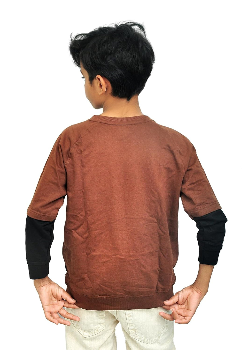 Yan Han Kids Unisex Oversized Loopknit Cotton Full Sleeve T-Shirt | Trendy Raglan Doctor Sleeve Design | Comfort Fit with Ribbed Cuffs | Brown