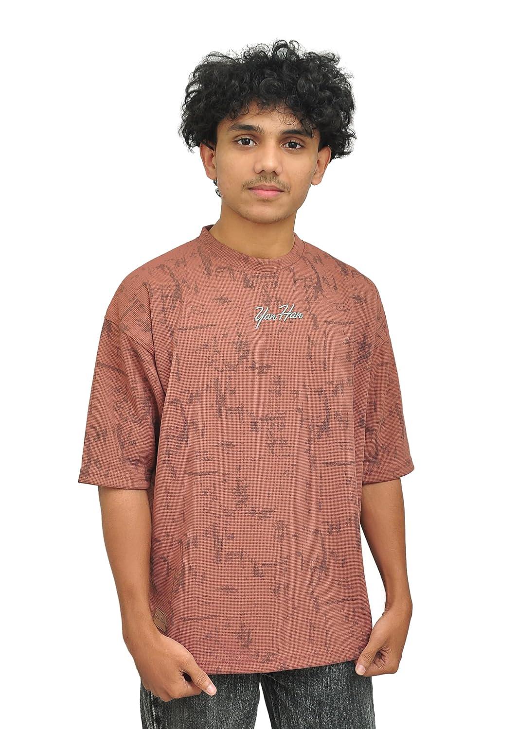 Yan Han Men's Premium Oversized T-Shirt | Wrinkle-Free Imported Fabric | 3D Embroidery | Five-Sleeve Drop Shoulder Fit | Textured Streetwear Tee | Rust Orange (S M L XL) (in, Alpha, L, Regular)
