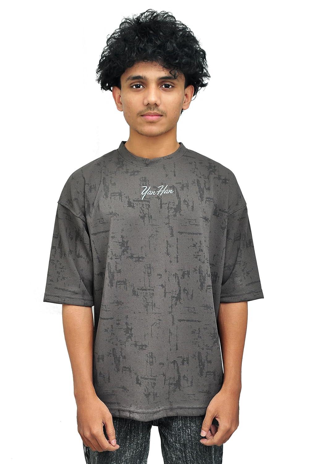 Yan Han Men's Premium Oversized T-Shirt | Wrinkle-Free Imported Fabric | 3D Embroidery | Five-Sleeve Drop Shoulder Fit | Charcoal Grey Texture (in, Alpha, XL, Regular)