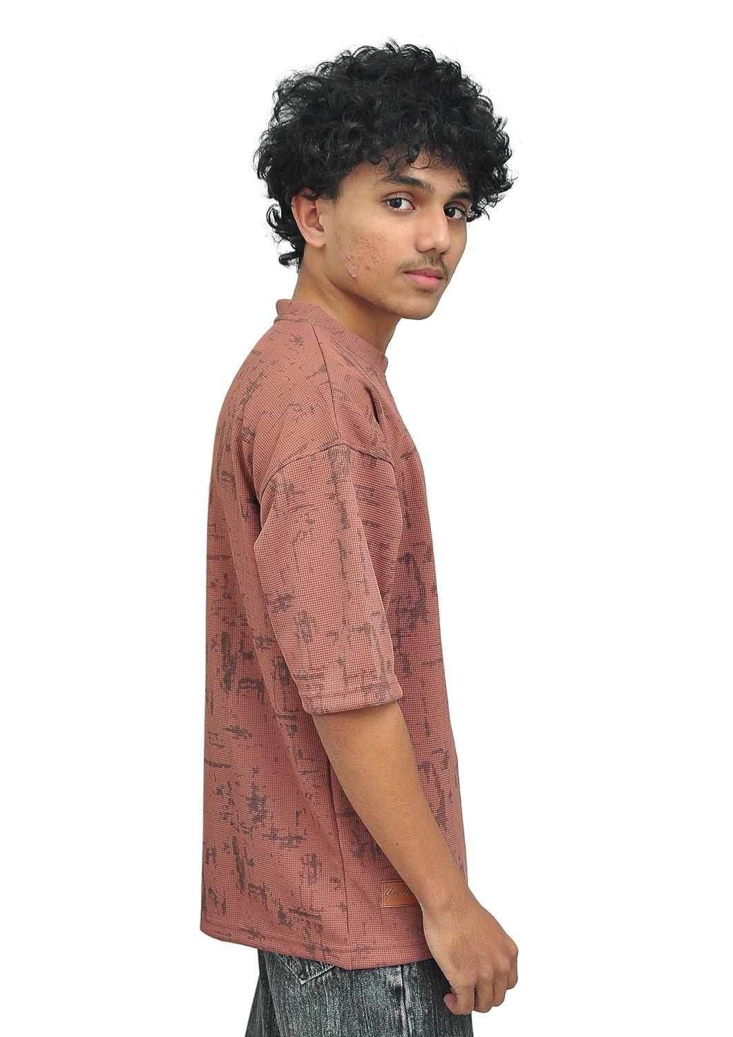 Yan Han Men's Premium Oversized T-Shirt | Wrinkle-Free Imported Fabric | 3D Embroidery | Five-Sleeve Drop Shoulder Fit | Textured Streetwear Tee | Rust Orange (S M L XL) (in, Alpha, L, Regular)