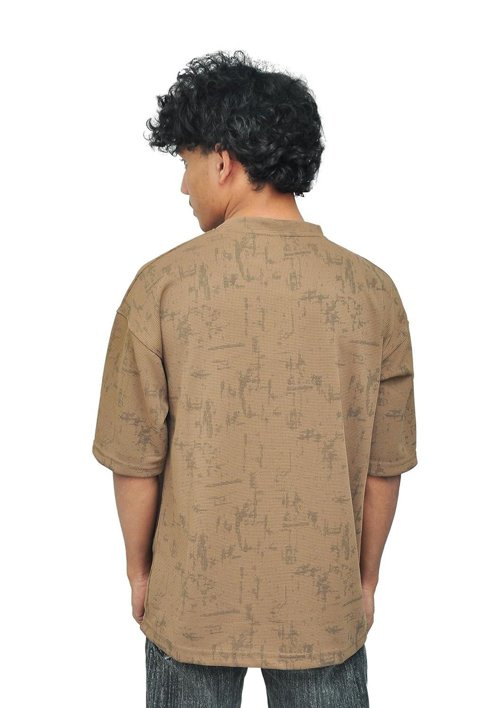 Yan Han Men's Premium Oversized T-Shirt | 3D Embroidery Branding | Five-Sleeve Drop Shoulder Fit | Earthy Brown Textured Pattern (S M L XL) (in, Alpha, L, Regular)