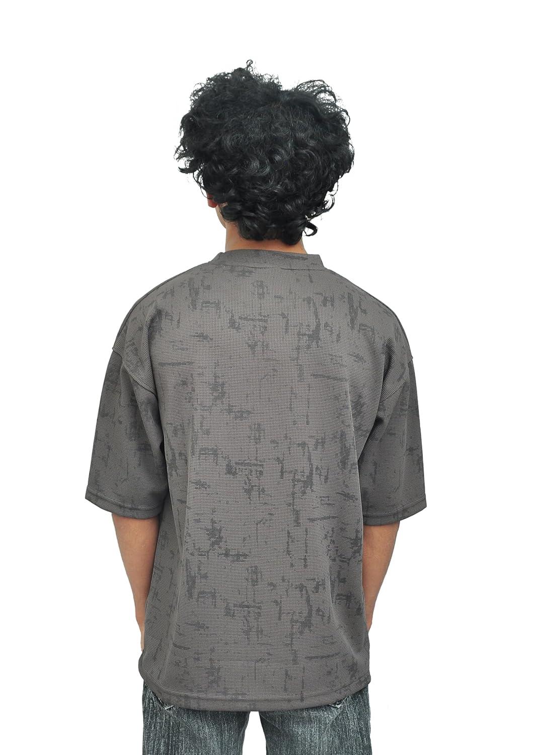 Yan Han Men's Premium Oversized T-Shirt | Wrinkle-Free Imported Fabric | 3D Embroidery | Five-Sleeve Drop Shoulder Fit | Charcoal Grey Texture (in, Alpha, XL, Regular)