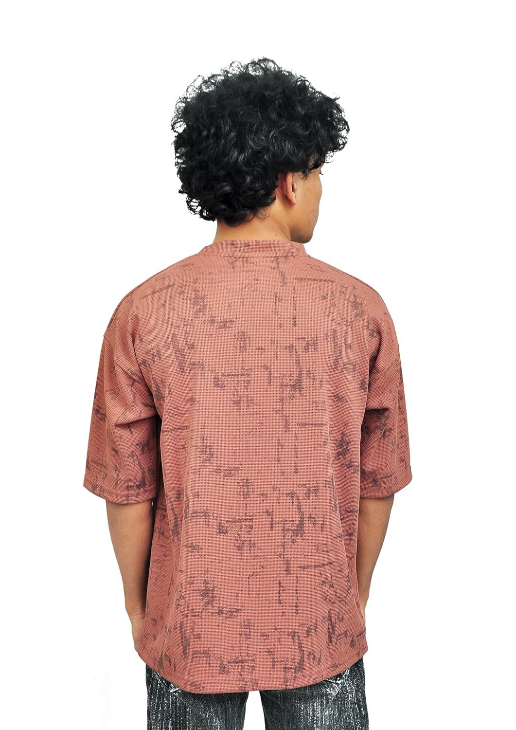 Yan Han Men's Premium Oversized T-Shirt | Wrinkle-Free Imported Fabric | 3D Embroidery | Five-Sleeve Drop Shoulder Fit | Textured Streetwear Tee | Rust Orange (S M L XL) (in, Alpha, L, Regular)