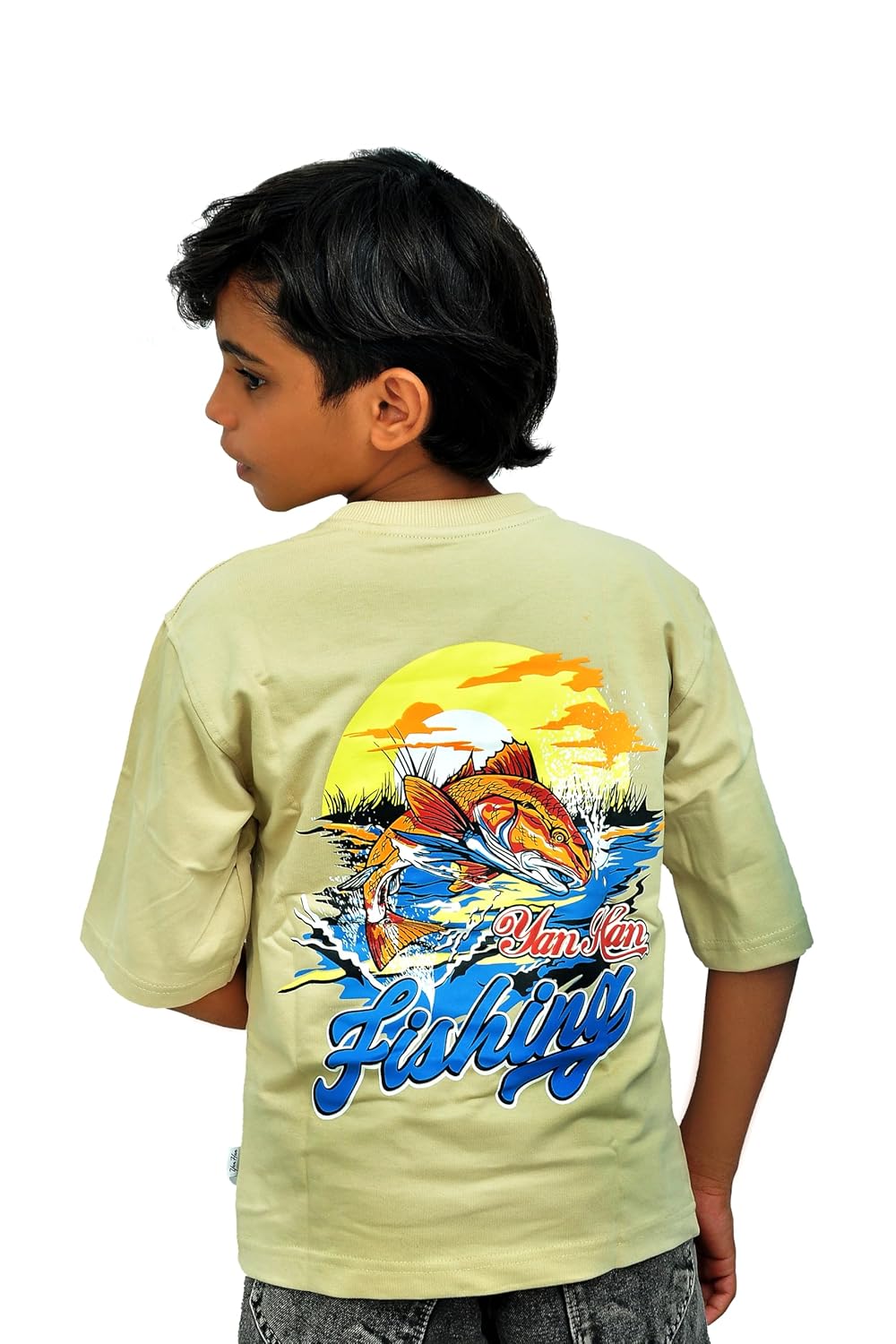 Yan Han® Kids Oversized T-Shirt | Soft Loop Knit Cotton Blend | Drop Shoulder Half Sleeves | Back Print | Unisex Korean Street Style for Boys & Girls (2-15 Years)