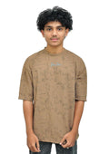 Yan Han Men's Premium Oversized T-Shirt | 3D Embroidery Branding | Five-Sleeve Drop Shoulder Fit | Earthy Brown Textured Pattern (S M L XL) (in, Alpha, L, Regular)