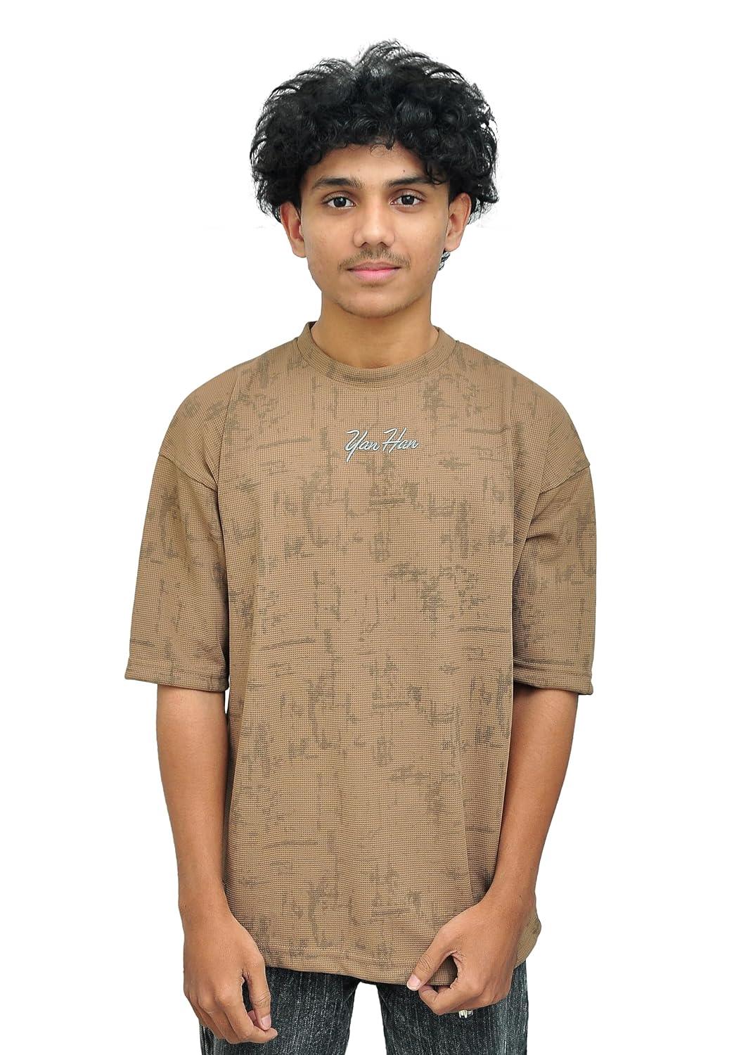 Yan Han Men's Premium Oversized T-Shirt | 3D Embroidery Branding | Five-Sleeve Drop Shoulder Fit | Earthy Brown Textured Pattern (S M L XL) (in, Alpha, L, Regular)