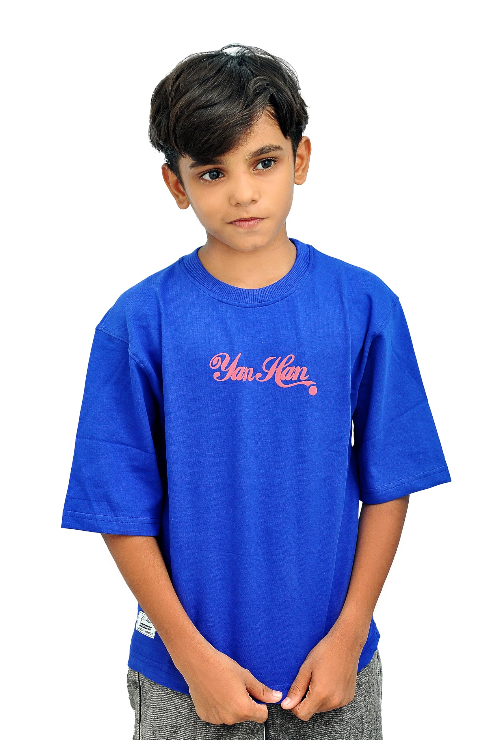 Yan Han® Kids Oversized T-Shirt | Soft Loop Knit Cotton Blend | Drop Shoulder Half Sleeves | Back Print | Unisex Korean Street Style for Boys & Girls (2-15 Years)