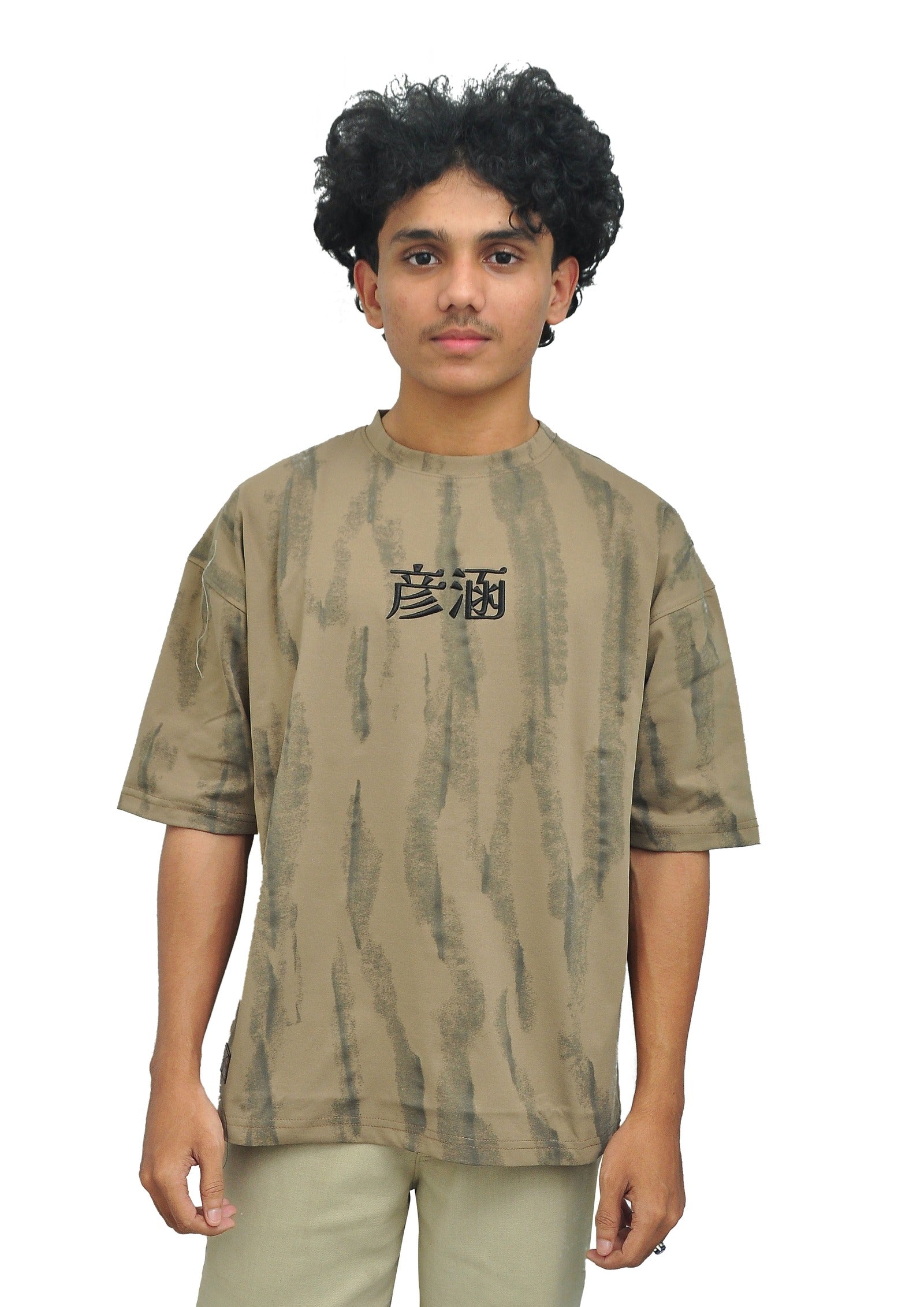Yan Han Premium Perfumed Oversized T-Shirt - Desert Beige Abstract | 3D Foam Embroidery | Scented Fabric