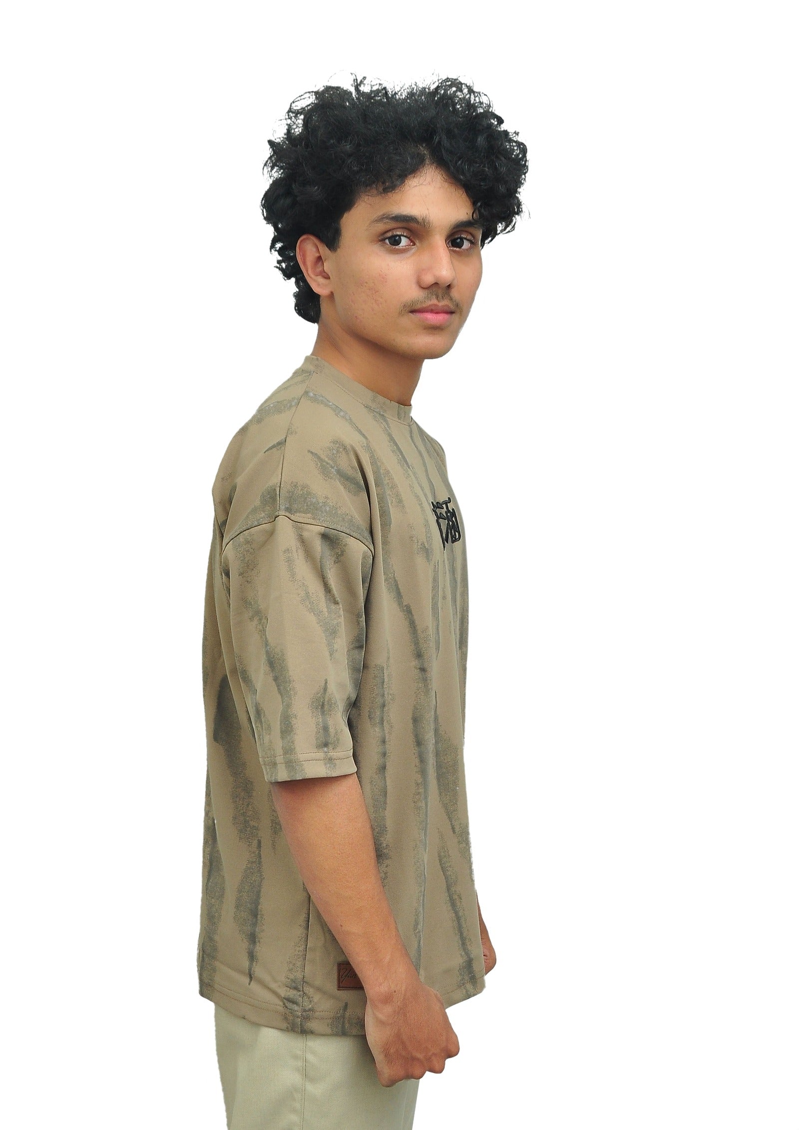 Yan Han Premium Perfumed Oversized T-Shirt - Desert Beige Abstract | 3D Foam Embroidery | Scented Fabric