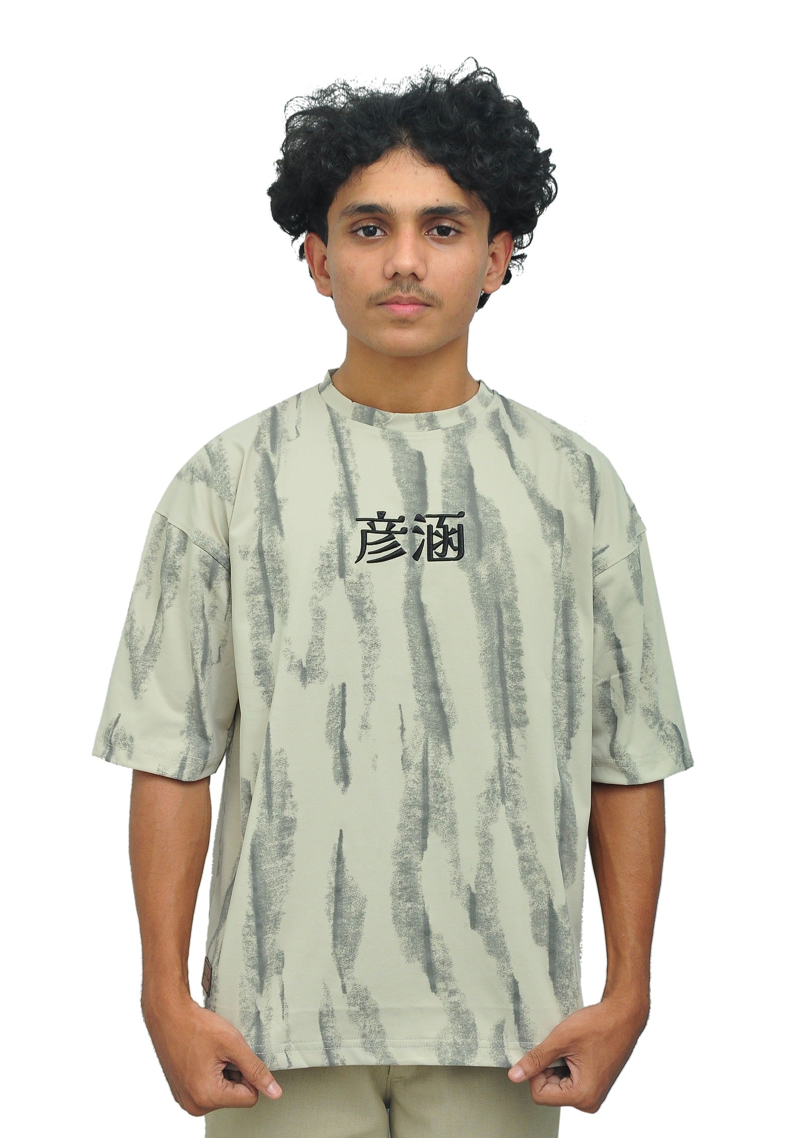 Yan Han Premium Perfumed Oversized T-Shirt - Stone Beige Abstract | 3D Foam Embroidery | Scented Fabric