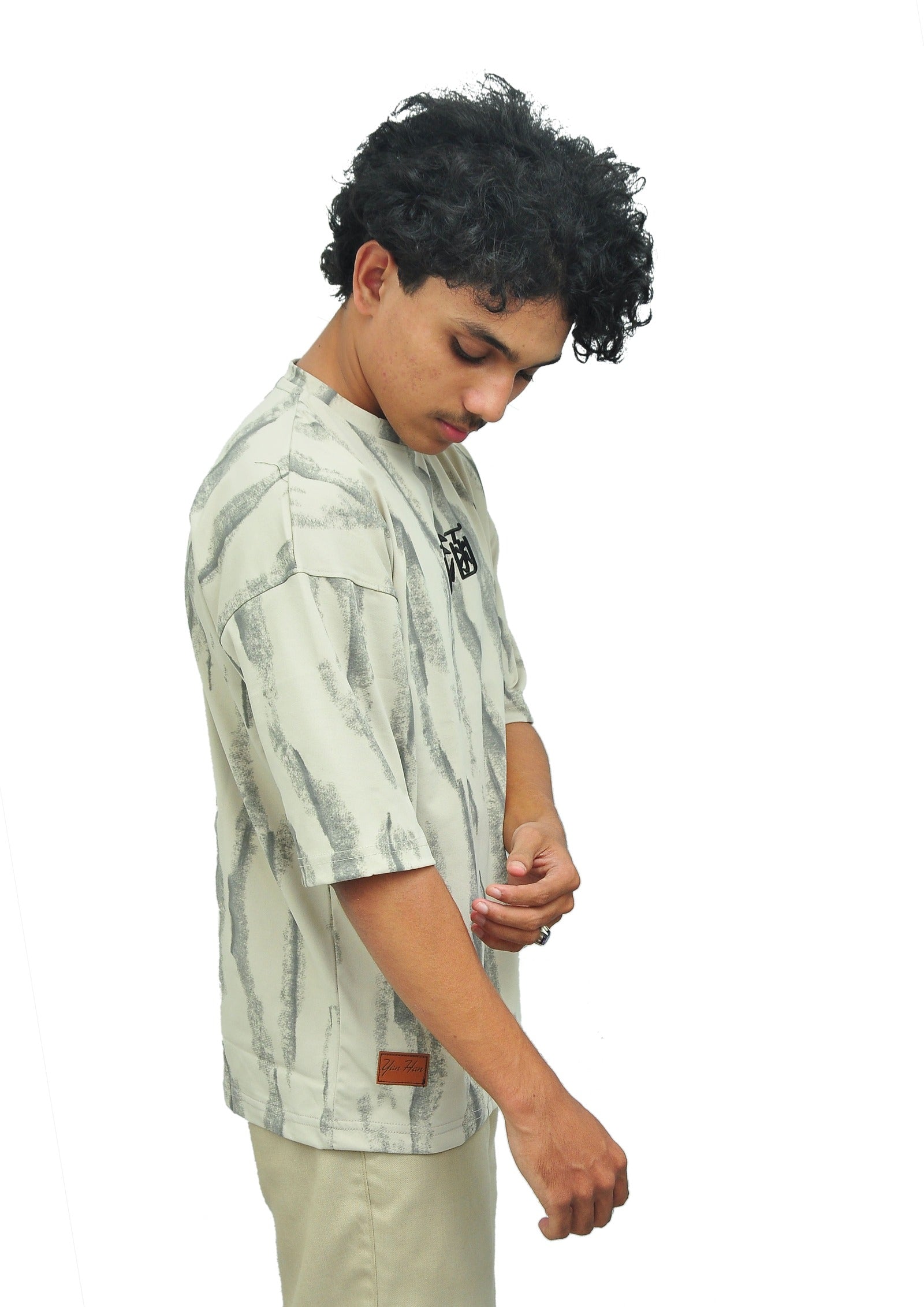 Yan Han Premium Perfumed Oversized T-Shirt - Stone Beige Abstract | 3D Foam Embroidery | Scented Fabric