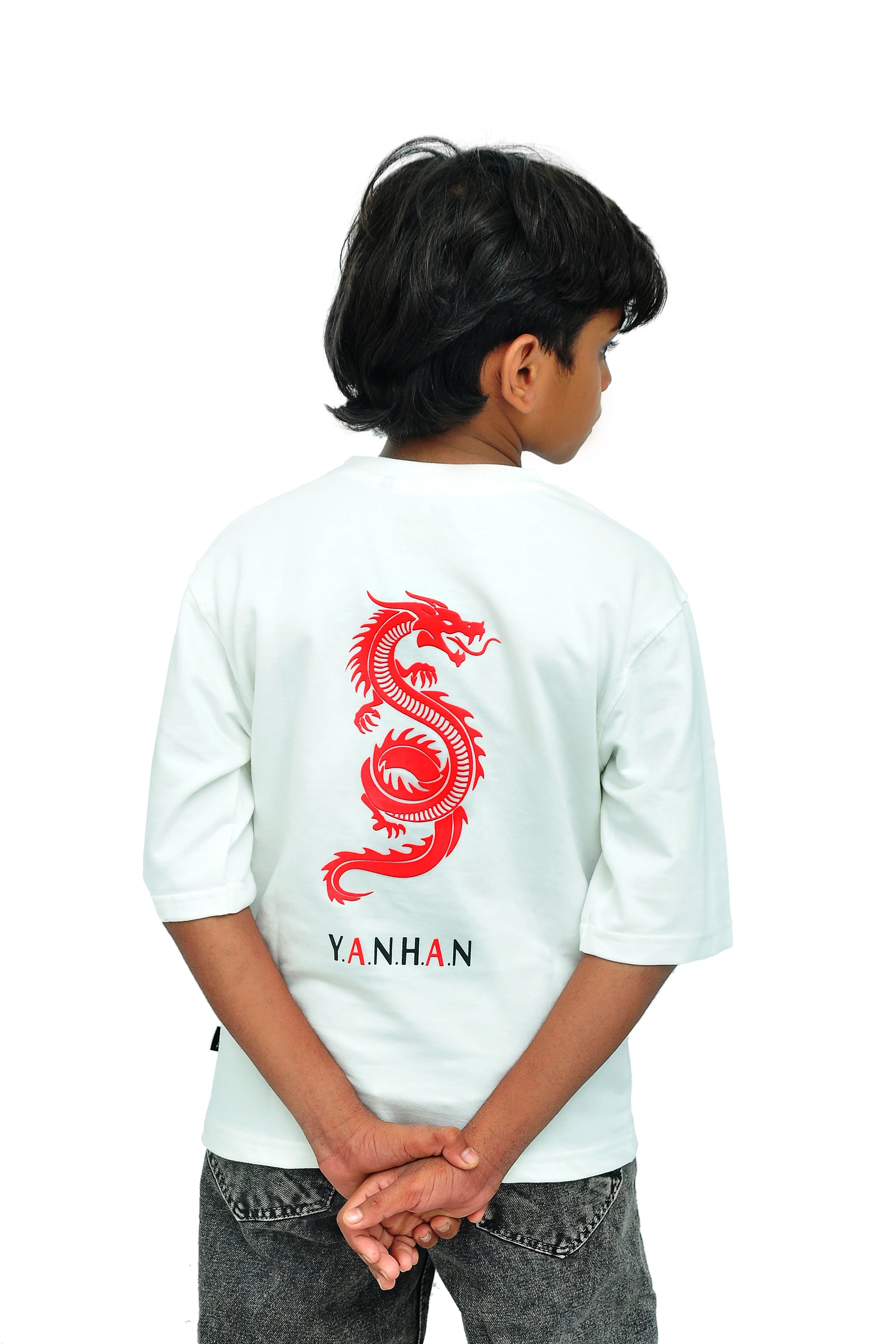 Yan Han® Kids Oversized T-Shirt – Soft Loop - Knit Cotton Look – Unisex Drop Shoulder Tee with Dragon Print