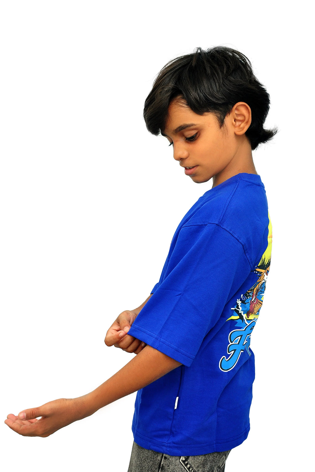Yan Han Premium Royal Blue Oversized T-Shirt | Fishing Edition Puff Print | Stretchable Loopknit Cotton (2-15 Years)