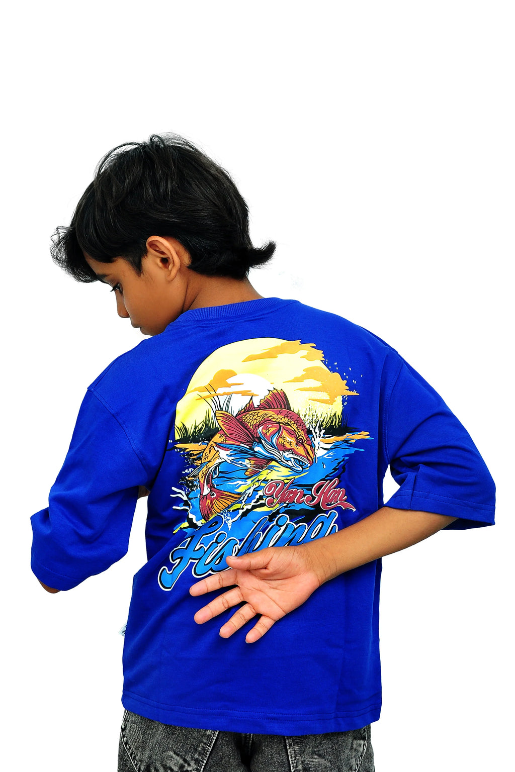 Yan Han Premium Royal Blue Oversized T-Shirt | Fishing Edition Puff Print | Stretchable Loopknit Cotton (2-15 Years)