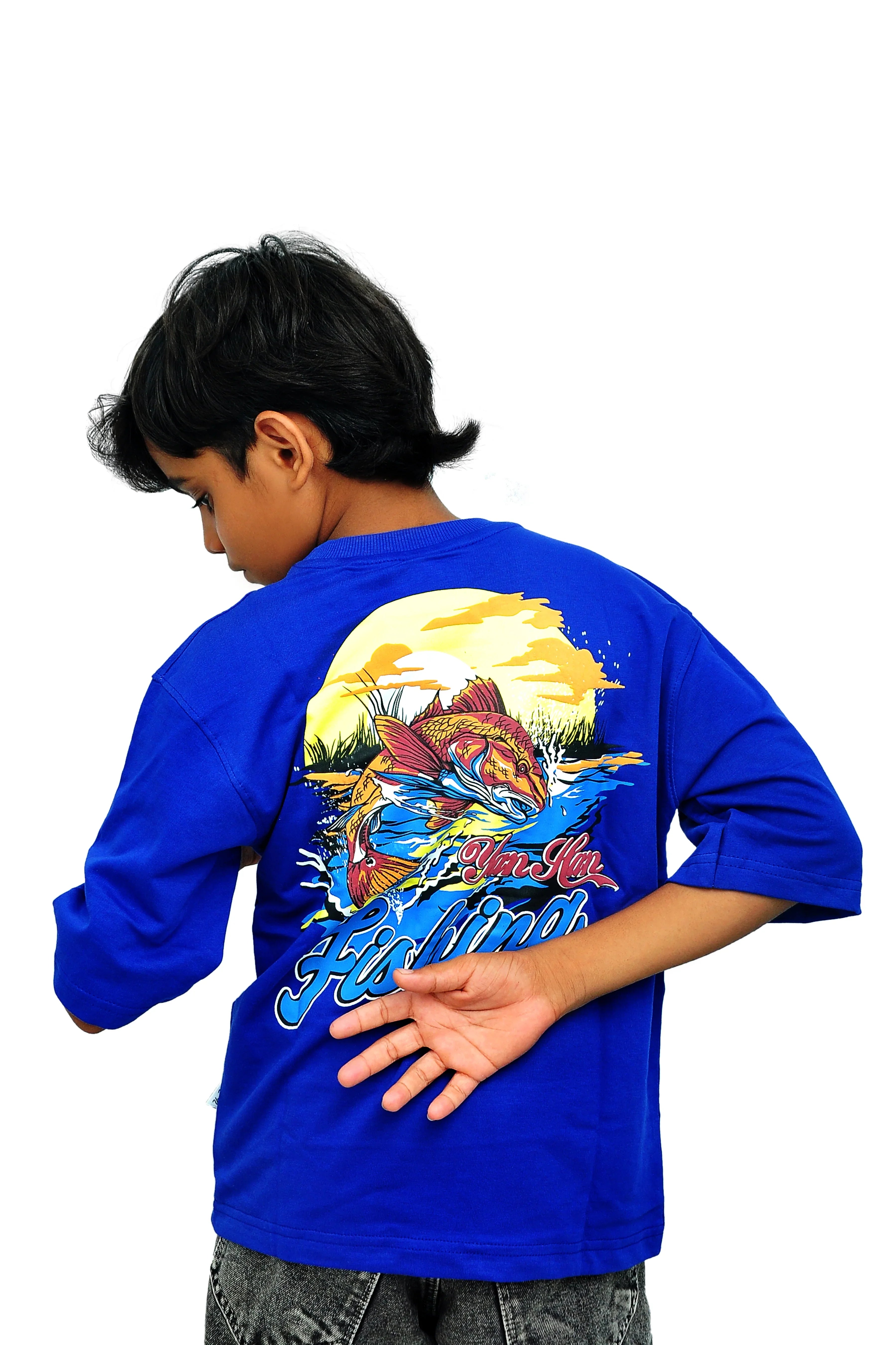Yan Han Premium Royal Blue Oversized T-Shirt | Fishing Edition Puff Print | Stretchable Loopknit Cotton (2-15 Years)