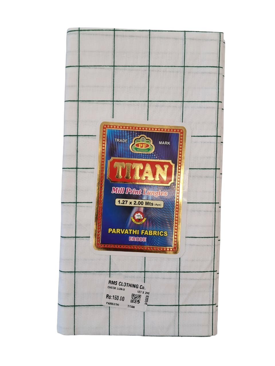Titan Premium  Windowpane White Cotton Check Lungi for Men - 2.00 Meters