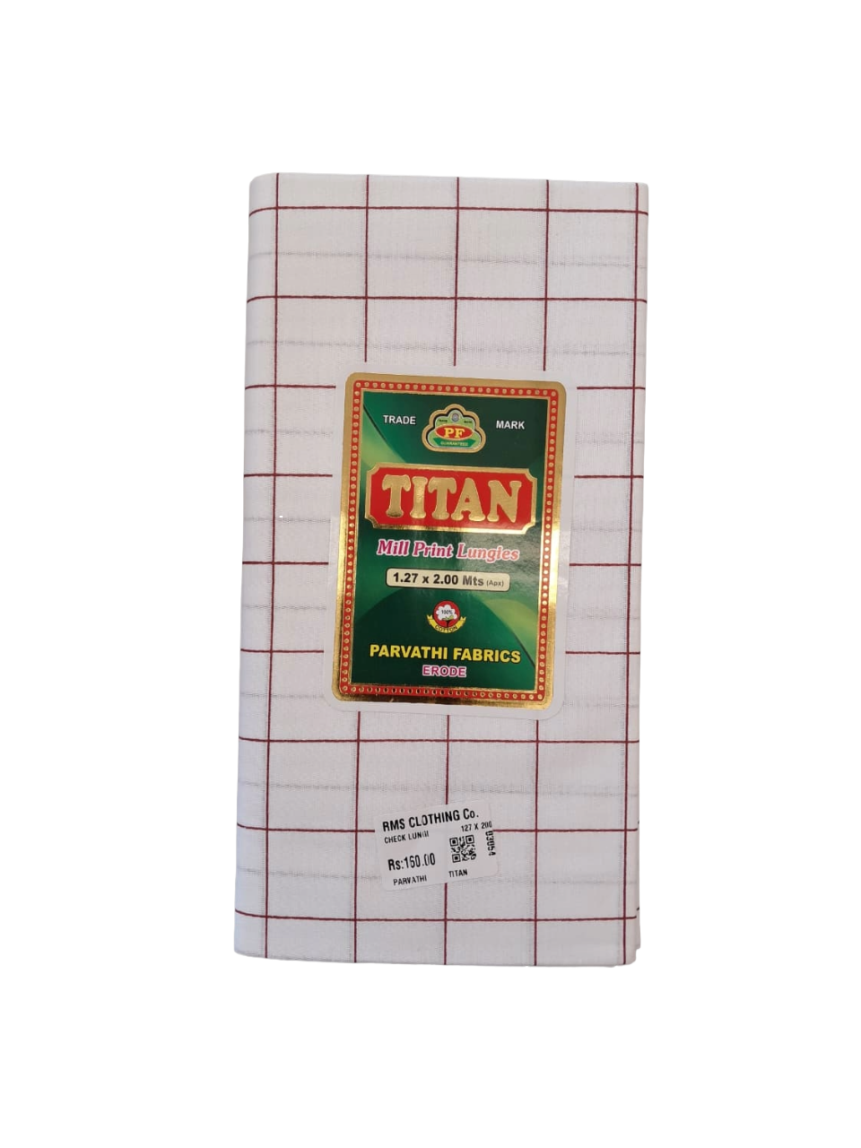 Titan Premium  Windowpane White Cotton Check Lungi for Men - 2.00 Meters