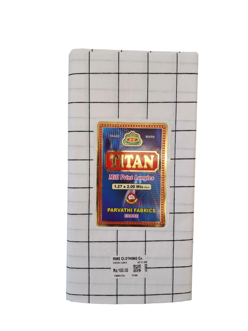 Titan Premium  Windowpane White Cotton Check Lungi for Men - 2.00 Meters