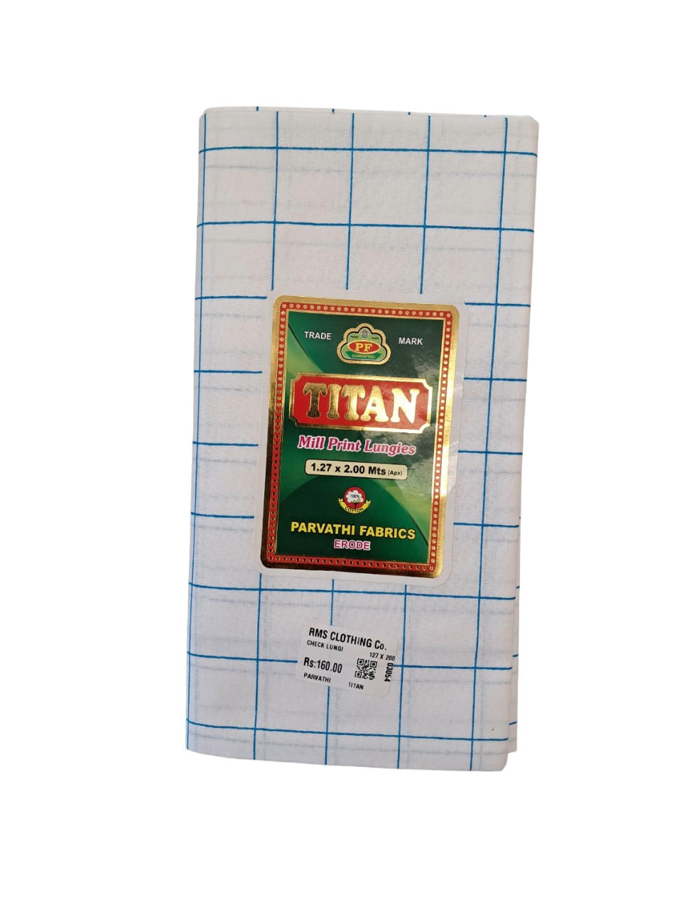 Titan Premium  Windowpane White Cotton Check Lungi for Men - 2.00 Meters