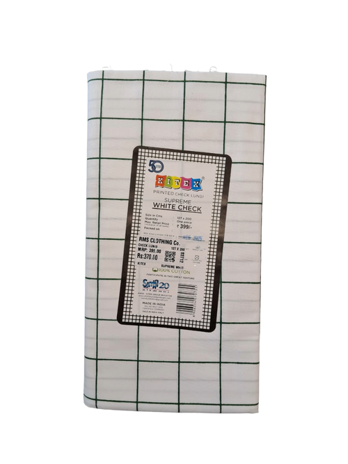 Kitex Supreme White Cotton Check Lungi for Men - 2.00 Meters