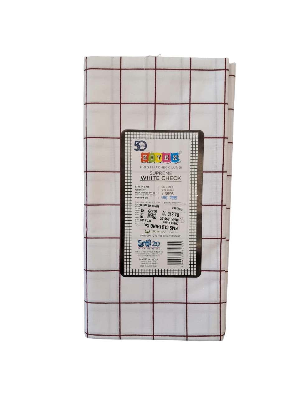 Kitex Supreme White Cotton Check Lungi for Men - 2.00 Meters