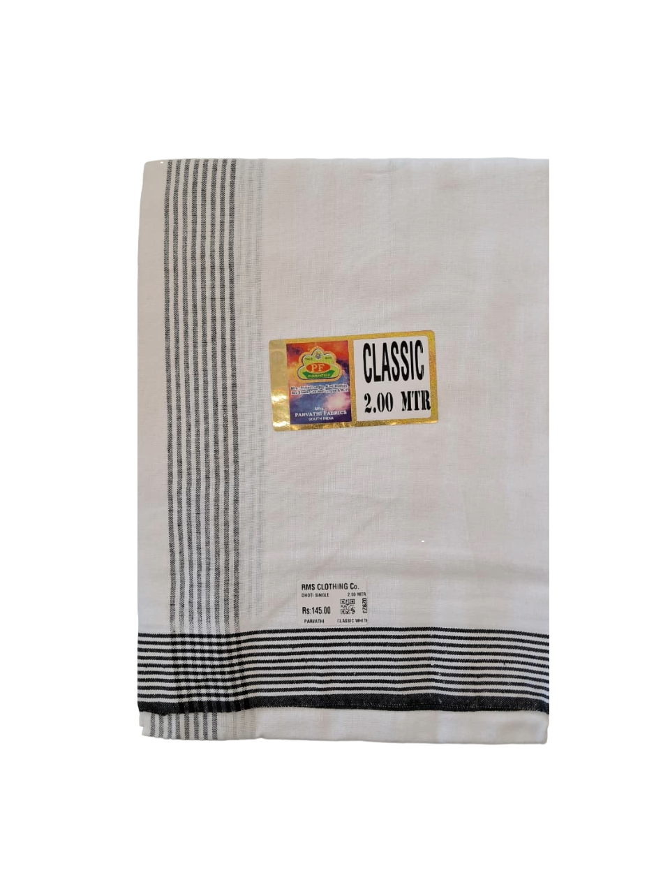 Classic White Cotton Single Dhoti with Color Border - 2.00 Meters