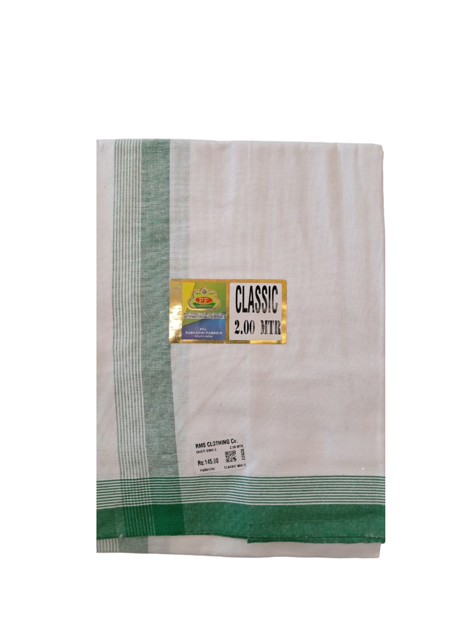 Classic White Cotton Single Dhoti with Color Border - 2.00 Meters