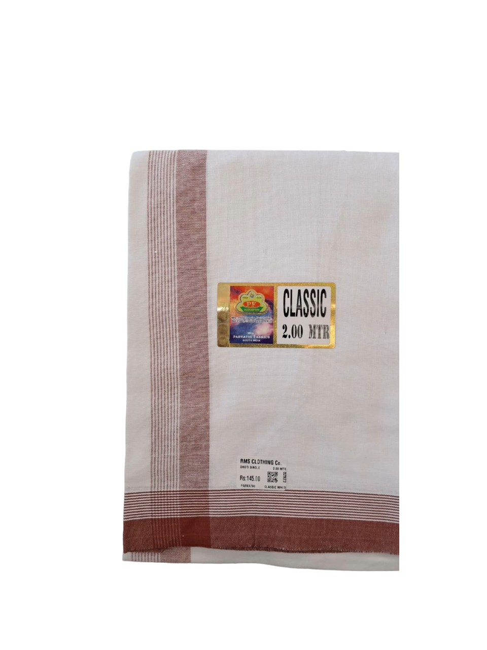 Classic White Cotton Single Dhoti with Color Border - 2.00 Meters