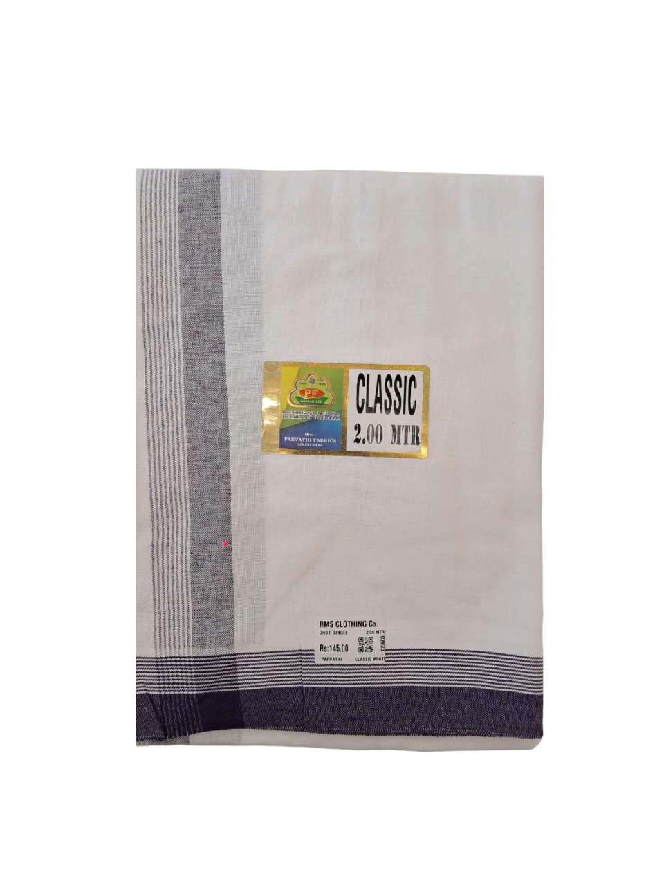 Classic White Cotton Single Dhoti with Color Border - 2.00 Meters