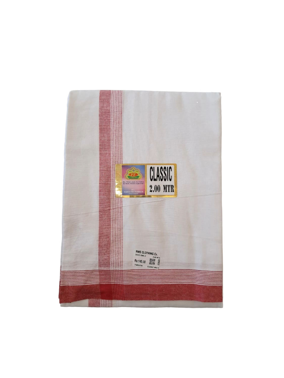 Classic White Cotton Single Dhoti with Color Border - 2.00 Meters