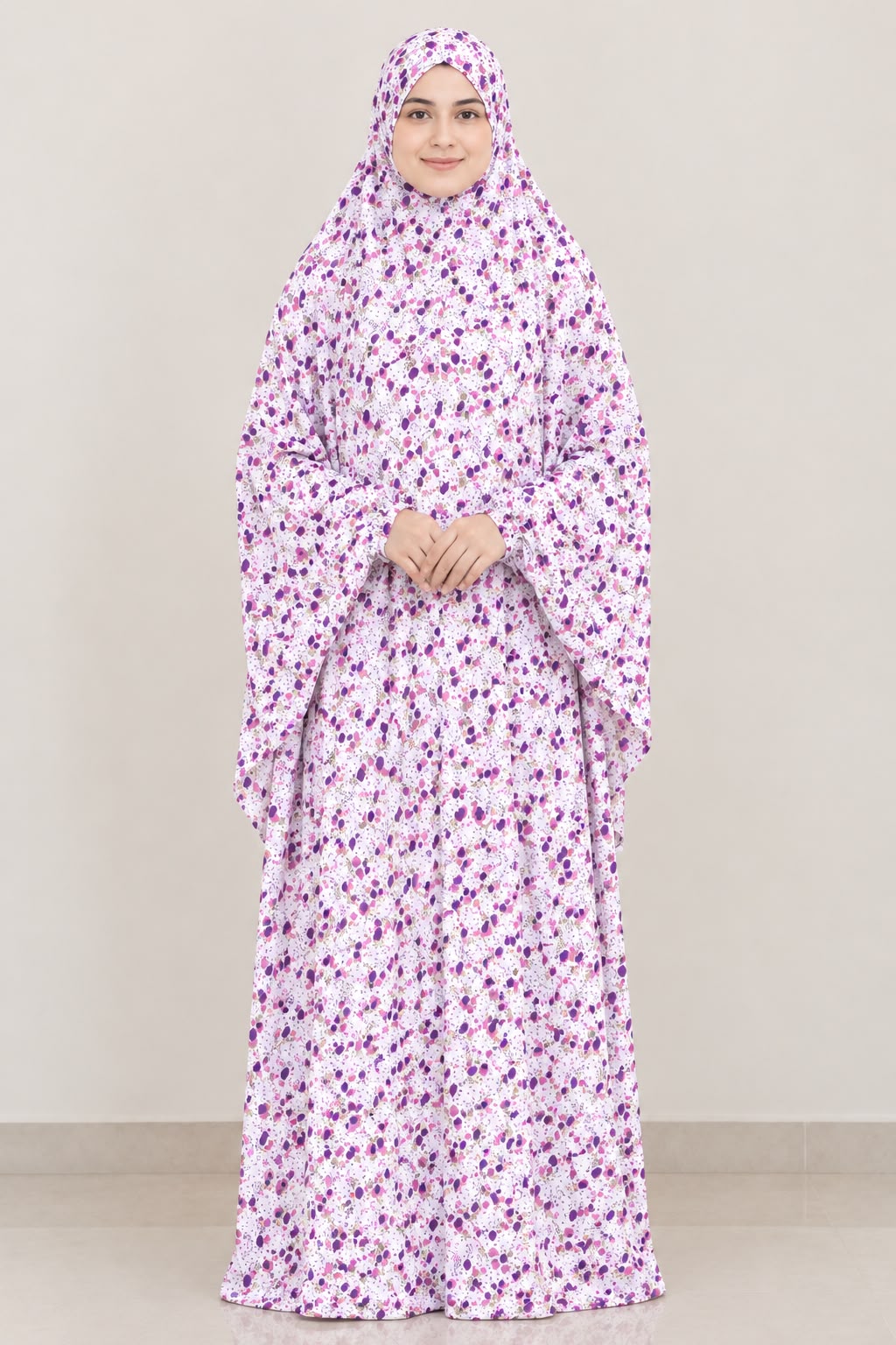 Premium Floral Printed Prayer Dress (Jilbab) with Matching Head Cover – Full Coverage Islamic Prayer Wear.