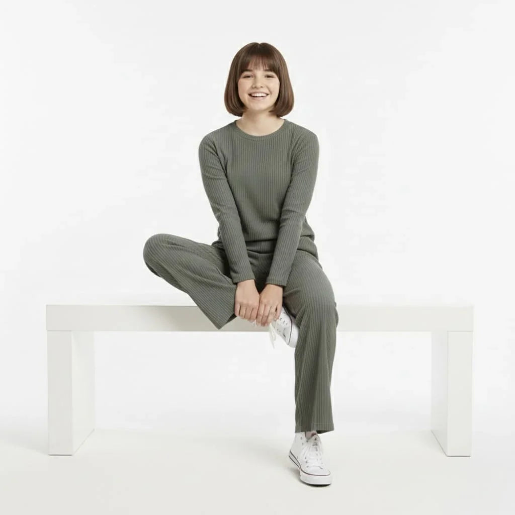 Casual Two-Piece Ribbed Polyester Set for Women | Free Size Daily Wear | Co-ord Set | Olive Green